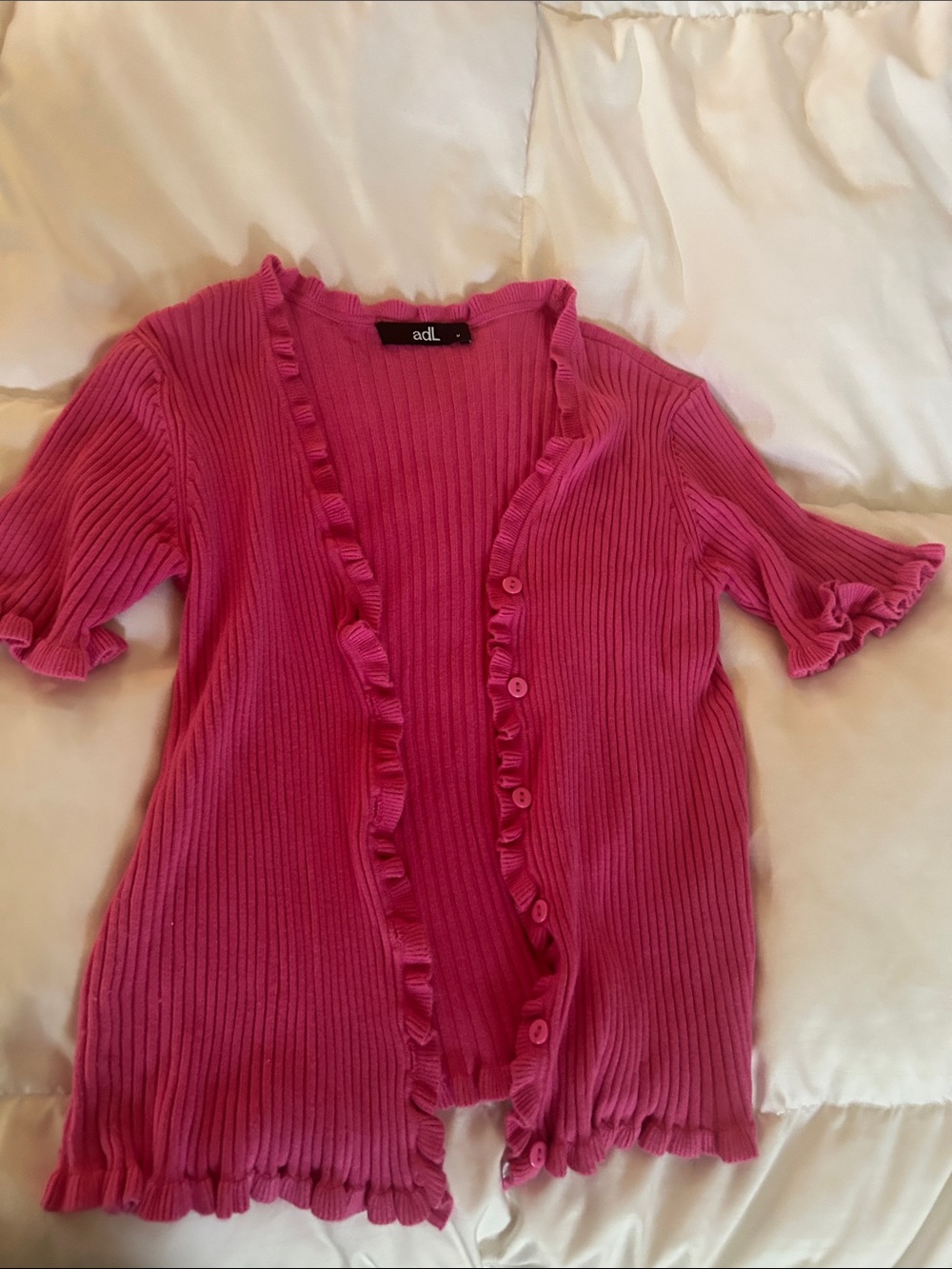 Pink Ribbed Ruffle Button-Down Top